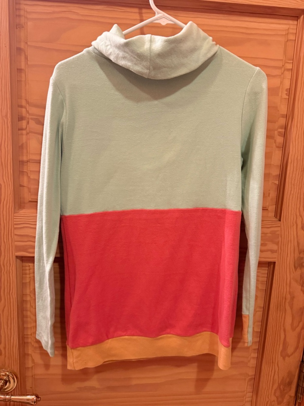 Colorblock Cowlneck Pullover in Mint, Coral & Mustard - Picture 4 of 5
